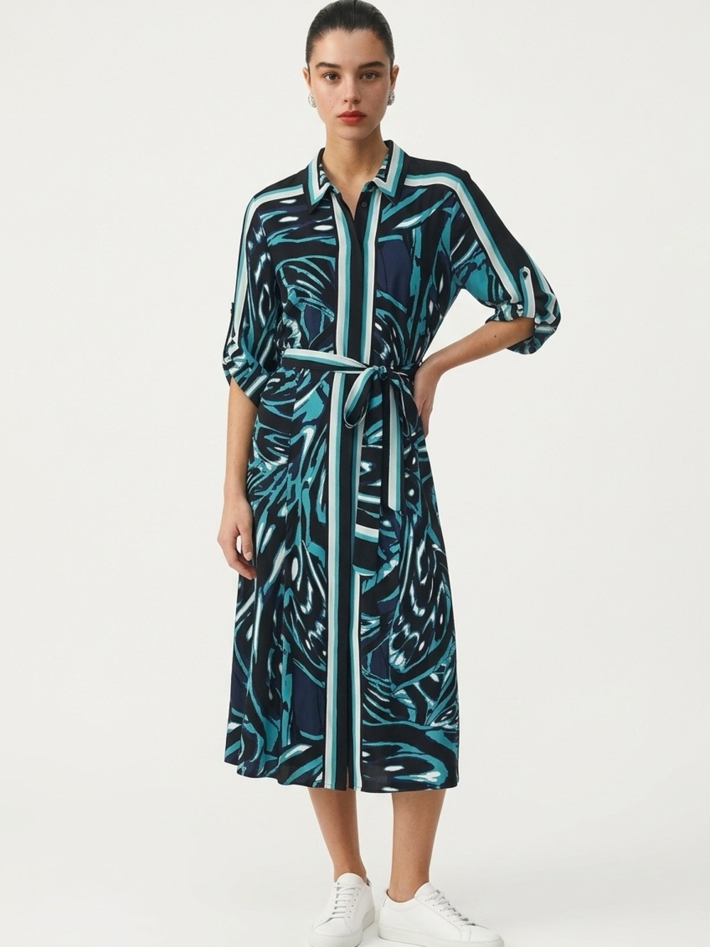 DIANE VON FURSTENBERG | Printed Teal & Navy Shirt Dress with Tie Waist Women’s L